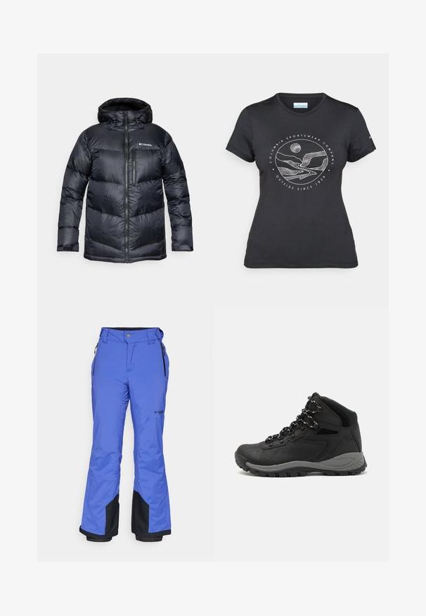 Fekete, kapucnis, szigetelt puffermellény, elülső cipzárral, könnyű anyagból készült, steppelt dizájnnal, vízszintes szakaszokkal.; Fekete Columbia póló fehér, kör alakú hegy és folyó vonalrajzzal, valamint a "Columbia Sportswear Company Outside Since 1938" felirattal.; Kék hónadrág vízálló anyagból, cipzáras zsebbel, fekete díszítéssel a szárakon és kellemesen illeszkedő elasztikus derékkal.; Fekete túracipő közepes magasságú kialakítással, texturált felsőrésszel, szürke részletekkel és strapabíró gumitalppal, amelynek tapadós kiemelkedései vannak.