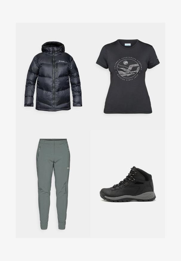 Mustad musta isoleeritud puffjakki kapuutsiga, millel on ees lukuga kinnitamine, kerge materjal ja tikitud disain horisontaalsete sektsioonidega.; Musternine Columbia T-särk mustas värvuses, millel on valge ümmargune mägi ja jõe joonistus ning tekst "Columbia Sportswear Company Outside Since 1938."; Hallid hallid välised püksid, mis on valmistatud kerge ja vastupidava materjali kombinatsioonist. Omavad tõmblukuga külgtaskuid ning slim fit disaini kitsenevate säärtega.; Mustarjaline matkasaabas, millel on keskmine disain, tekstuuriga ülemine osa, hallid aktsendid ja vastupidav kummist põhi, millel on haardelugesid.