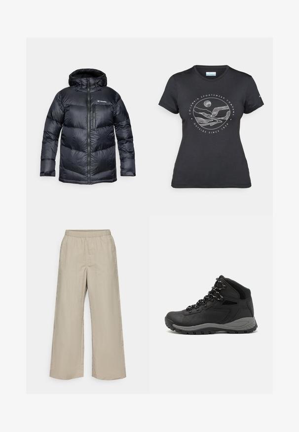 Juodas izoliuotas pūkinis džemperis su kapišonu, su užtrauktuku priekyje, lengvos medžiagos, siuvinėtas dizainas su horizontaliais skyrių.; Juodas "Columbia" marškinėliai su balta apskrita kalnų ir upės linijų grafika bei tekstu "Columbia Sportswear Company Lauke nuo 1938 metų."; Plati kojinės šviesios smėlio spalvos audinyje, su elastinga juostos juosta, vienoda tekstūra ir be matomų detalių ar raštų.; Juodas žygio botas su vidutinio aukščio dizainu, pasižymintis tekstūruota viršutine dalimi, pilkų akcentų ir patvaria guma padanga su sukibimo gumbais.