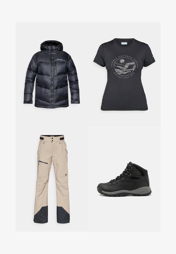 Mustad musta isoleeritud puffjakki kapuutsiga, millel on ees lukuga kinnitamine, kerge materjal ja tikitud disain horisontaalsete sektsioonidega.; Musternine Columbia T-särk mustas värvuses, millel on valge ümmargune mägi ja jõe joonistus ning tekst "Columbia Sportswear Company Outside Since 1938."; Peak Performance ALPINE GORE-TEX PANTS - Lumelauapüksid - avid beige; Mustarjaline matkasaabas, millel on keskmine disain, tekstuuriga ülemine osa, hallid aktsendid ja vastupidav kummist põhi, millel on haardelugesid.