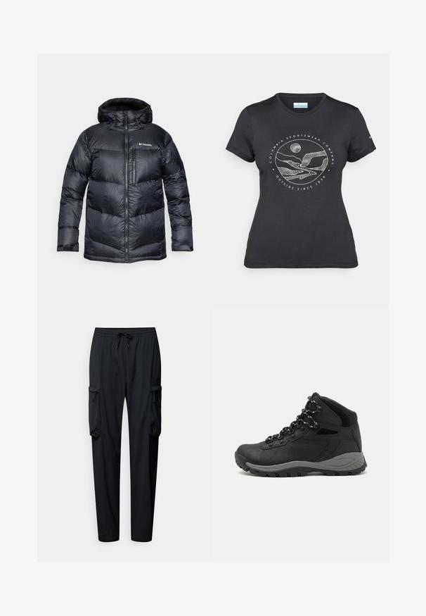 Juodas izoliuotas pūkinis džemperis su kapišonu, su užtrauktuku priekyje, lengvos medžiagos, siuvinėtas dizainas su horizontaliais skyrių.; Juodas "Columbia" marškinėliai su balta apskrita kalnų ir upės linijų grafika bei tekstu "Columbia Sportswear Company Lauke nuo 1938 metų."; Columbia BOUNDLESS TREK™ CARGO PANT - Lauko kelnės - black; Juodas žygio botas su vidutinio aukščio dizainu, pasižymintis tekstūruota viršutine dalimi, pilkų akcentų ir patvaria guma padanga su sukibimo gumbais.