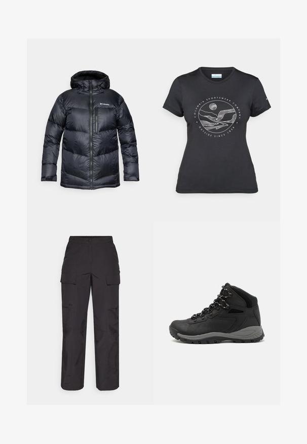 Sort isoleret pufferjakke med hætte, med lynlås foran, letvægtsmateriale og quiltet design med horisontale sektioner.; Sort Columbia t-shirt med hvid cirkulær bjerg- og flodlinjekunst samt teksten "Columbia Sportswear Company Udenfor Siden 1938."; Sorte cargo bukser lavet af holdbart stof, med flere sidelommer, en knaplukning og en løs pasform med lige ben.; Sort vandrestøvle med en mellem-højde design, der har en tekstureret overdel, grå detaljer og en holdbar gummisål med skridsikre klodser.