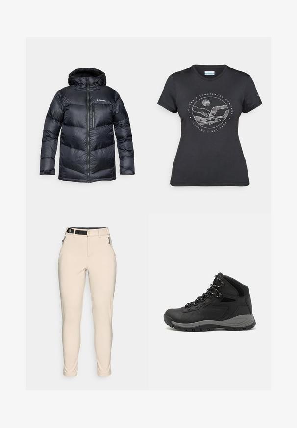 Jachetă puffer izolată de culoare neagră, cu glugă, având un sistem de închidere cu fermoar, material ușor și un design matlasat cu secțiuni orizontale.; Tricou negru Columbia cu artă liniară albă circulară reprezentând munți și un râu, împreună cu textul "Columbia Sportswear Company Afară din 1938."; Pantaloni bej, ajustați pe trup, dintr-un material texturat. Prezintă un brâu negru ajustabil și buzunare cu fermoar pe laterale.; Botă de drumeție neagră cu un design mediu, având un material texturat, accente gri și o talpă din cauciuc durabilă cu crampoane pentru aderență.