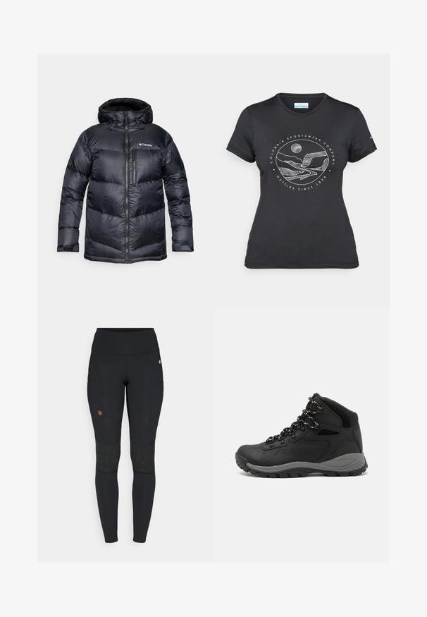 Jachetă puffer izolată de culoare neagră, cu glugă, având un sistem de închidere cu fermoar, material ușor și un design matlasat cu secțiuni orizontale.; Tricou negru Columbia cu artă liniară albă circulară reprezentând munți și un râu, împreună cu textul "Columbia Sportswear Company Afară din 1938."; Colanți sport negri cu talie înaltă, buzunare laterale, petice texturate pe genunchi și un mic logo de marcă în zona superioară a coapsei.; Botă de drumeție neagră cu un design mediu, având un material texturat, accente gri și o talpă din cauciuc durabilă cu crampoane pentru aderență.