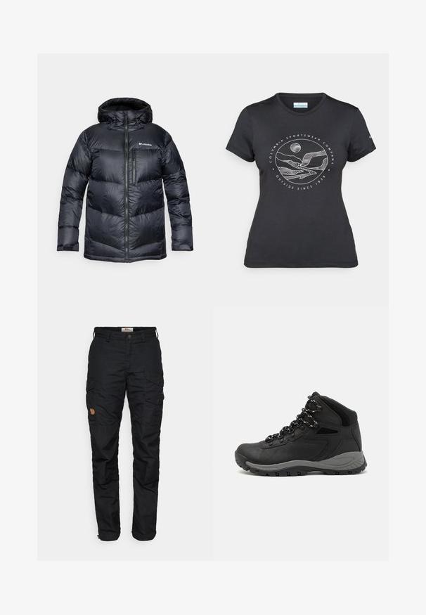 Svart isolert pufferjakke med hette, med glidelås foran, lett materiale og kviltet design med horisontale seksjoner.; Svart Columbia t-skjorte med hvit sirkulær fjell- og elvlinjekunst og tekst "Columbia Sportswear Company Outside Since 1938."; Sorte cargo bukser med flere lommer, knappelukking og en litt avsmalnet benform. Laget av slitesterkt materiale med en teksturert finish.; Sorte turstøvler med mid-topp design, som har en teksturert overdel, grå detaljer og slitesterk gummisåle med godt grep.