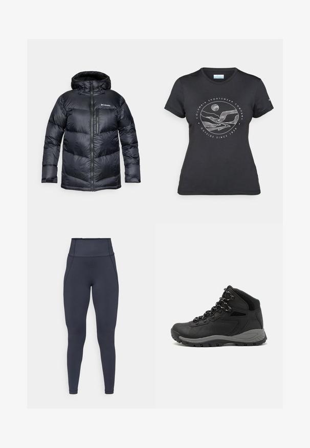 Casaco puffer isolado preto com capuz, apresentando um fecho de correr na frente, material leve e design acolchoado com secções horizontais.; T-shirt preto da Columbia com arte em linha branca circular representando montanhas e rios, e o texto "Columbia Sportswear Company Outside Since 1938."; Leggings de cintura alta, cinza escuro, de comprimento total, com costuras visíveis e uma textura de tecido lisa e elástica.; Bota de caminhada preta com design de cano médio, apresentando um upper texturizado, detalhes cinzentos e sola de borracha durável com cravos de tração.