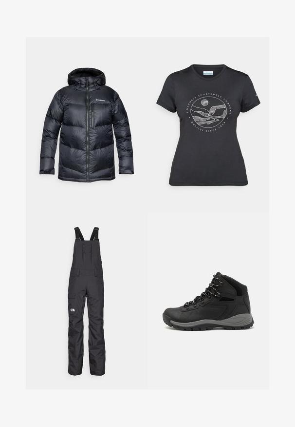 Fekete, kapucnis, szigetelt puffermellény, elülső cipzárral, könnyű anyagból készült, steppelt dizájnnal, vízszintes szakaszokkal.; Fekete Columbia póló fehér, kör alakú hegy és folyó vonalrajzzal, valamint a "Columbia Sportswear Company Outside Since 1938" felirattal.; Fekete vízálló kantáros nadrág tartós anyagból, állítható pántokkal, cipzáras zsebekkel és diszkrét logo-val elöl.; Fekete túracipő közepes magasságú kialakítással, texturált felsőrésszel, szürke részletekkel és strapabíró gumitalppal, amelynek tapadós kiemelkedései vannak.