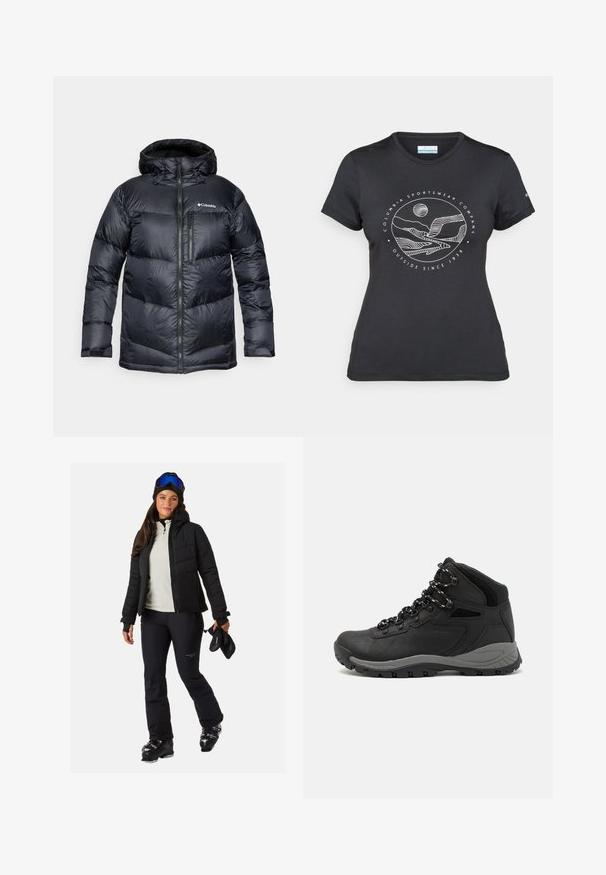 Black insulated puffer jacket with a hood, featuring a zip front, lightweight material, and quilted design with horizontal sections.; Black Columbia t-shirt with white circular mountain and river line art and text "Columbia Sportswear Company Outside Since 1938."; Black puffer jacket, light-colored zip-up top, black ski pants, black ski boots, carrying ski gloves, wearing a beanie and goggles.; Black hiking boot with a mid-top design, featuring a textured upper, gray accents, and durable rubber sole with traction lugs.