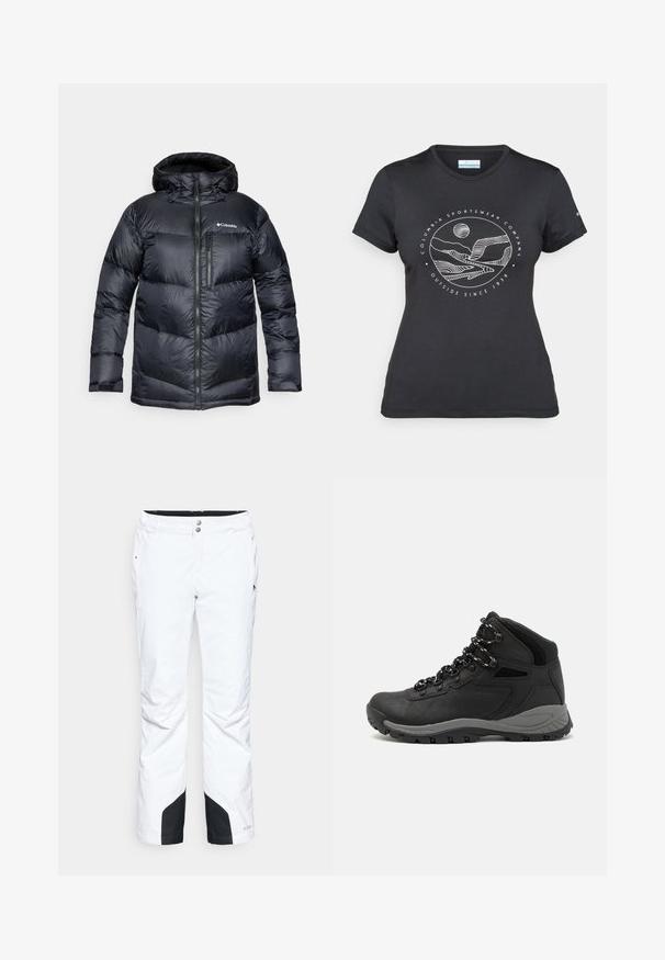 Black insulated puffer jacket with a hood, featuring a zip front, lightweight material, and quilted design with horizontal sections.; Black Columbia t-shirt with white circular mountain and river line art and text "Columbia Sportswear Company Outside Since 1938."; White snow pants with a sleek design, featuring two front pockets, reinforced black lower panels, and a button closure at the waistband.; Black hiking boot with a mid-top design, featuring a textured upper, gray accents, and durable rubber sole with traction lugs.