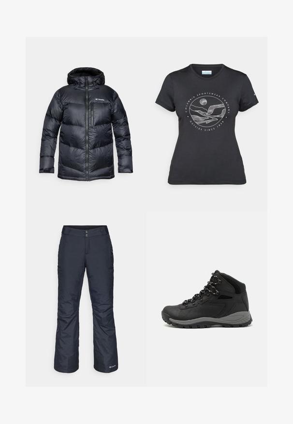 Zwarte geïsoleerde donsjas met capuchon, met een ritssluiting aan de voorkant, van lichtgewicht materiaal en een gestikt ontwerp met horizontale secties.; Zwarte Columbia t-shirt met witte cirkelvormige lijntekening van bergen en een rivier en de tekst "Columbia Sportswear Company Outside Since 1938."; Marineblauwe geïsoleerde skibroek met een recht gesneden ontwerp. Voorzien van een rits- en drukknoopsluiting, zakken en versterkte boorden.; Zwarte wandelschoen met een mid-top ontwerp, voorzien van een gestructureerde bovenkant, grijze accenten en een duurzame rubberen zool met gripnoppen.