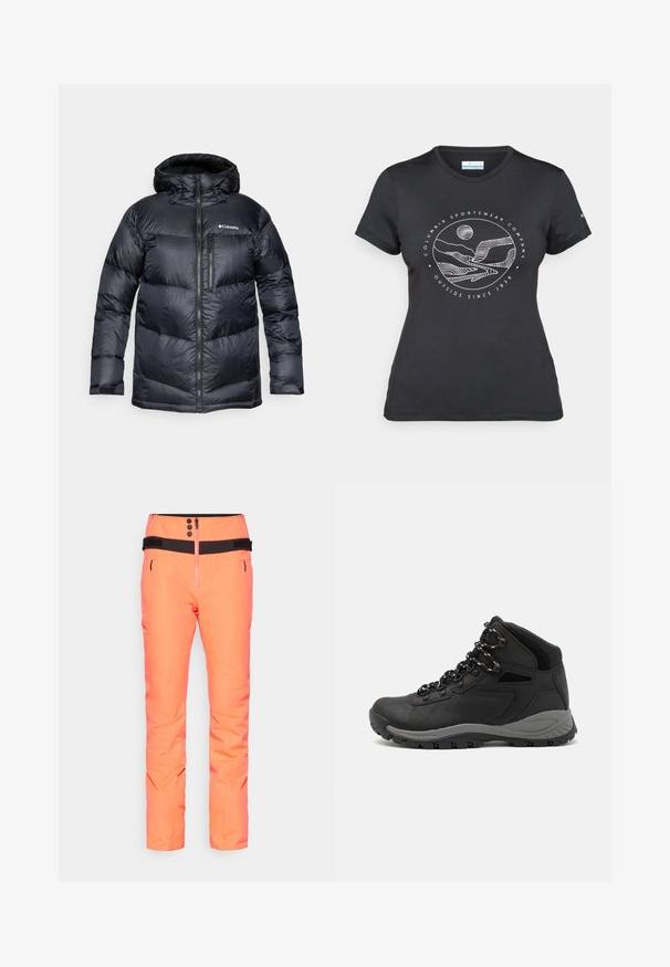 Črna izolirana puf jakna s kapuco, z zadrgo spredaj, lahkim materialom in prešito zasnovo s horizontalnimi odseki.; Črna majica Columbia z belim krožnim risanjem gora in reke ter napisom "Columbia Sportswear Company Outside Since 1938."; Svetlo oranžne smučarske hlače z visokim pasom, črnimi detajli, funkcionalnim zadrgo in dvema stranskima žepoma, izdelane iz vodoodpornega materiala.; Črne pohodniške čevlje z srednje visokim dizajnom, ki imajo teksturirano zgornji del, sivi dodatki in vzdržljiv gumen podplat s protizdrsnimi izboklinami.