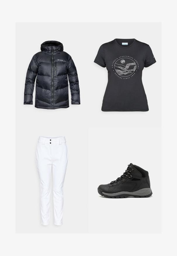 Melnā izolētā pūkaina jaka ar kapuci, ar rāvējslēdzēju priekšā, viegla materiāla, ar kviltētā dizaina horizontālām sekcijām.; Melnā Columbia T-kreklā ar baltu apļa kalnu un upes kontūru mākslu, kā arī tekstu "Columbia Sportswear Company Outside Since 1938."; Baltas pieguļošas bikses ar gludu tekstūru, divām melnām pogām pie jostasvietas un īsu garumu.; Melni pārgājienu zābaki ar vidēju augstumu, ar teksturētu augšdaļu, pelēkiem akcentiem un izturīgu gumijas zoli ar saķeres izvirzījumiem.