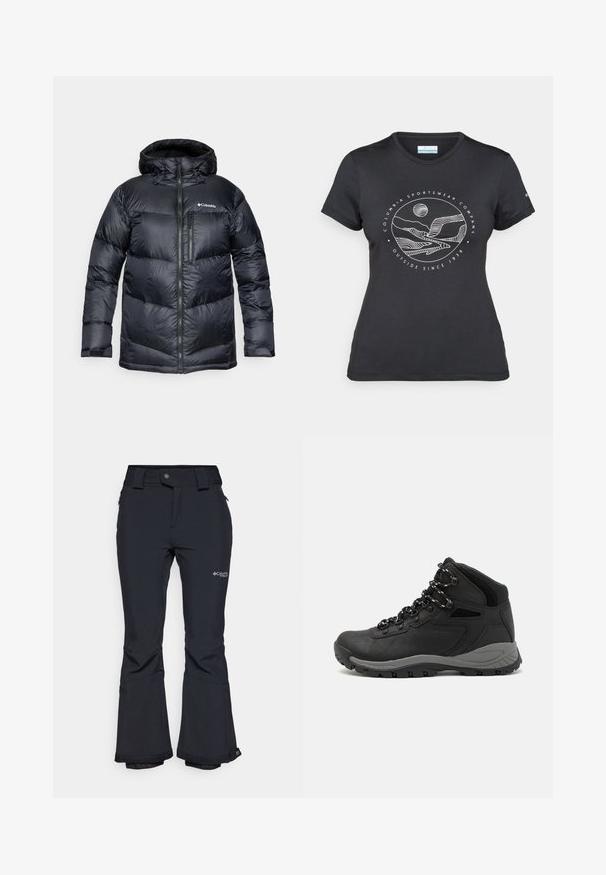 Mustapintainen eristyspufferitakki hupulla, jossa on vetoketjukiinnitys, kevyestä materiaalista valmistettu ja vaakasuorilla osioilla varustettu tikattu muotoilu.; Musta Columbia T-paita, jossa on valkoinen ympyrämuotoinen vuori- ja joki-viivataide sekä teksti "Columbia Sportswear Company Ulkona vuodesta 1938."; Mustat vedenpitävät hiihtohousut, joissa on vetoketjullinen tasku, leveät lahkeet ja logo reidessä. Ominaisuuksiin kuuluvat kestävä materiaali ja vahvistetut lahkeet.; Musta vaelluskenkä, jossa on puolivartinen muotoilu, jolle on ominaista teksturoitu päällinen, harmaat yksityiskohdat ja kestävä kumipohja, jossa on pitoita lisääviä lukuja.