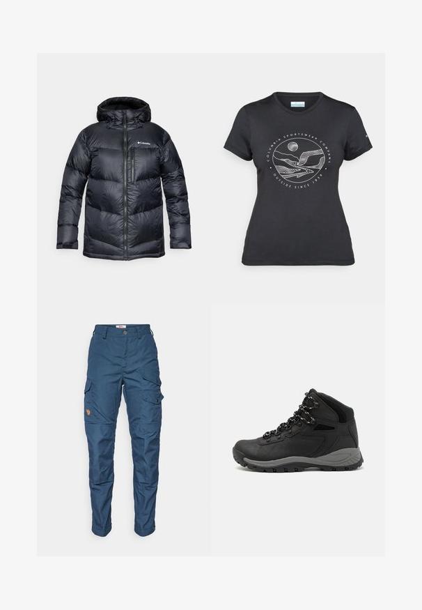 Mustad musta isoleeritud puffjakki kapuutsiga, millel on ees lukuga kinnitamine, kerge materjal ja tikitud disain horisontaalsete sektsioonidega.; Musternine Columbia T-särk mustas värvuses, millel on valge ümmargune mägi ja jõe joonistus ning tekst "Columbia Sportswear Company Outside Since 1938."; Tumed sinised kaubanduspüksid, mis on valmistatud vastupidavast kangast, mitmete küljetaskute, nööbiga lukuga ning paremal reitel on logo märgistus.; Mustarjaline matkasaabas, millel on keskmine disain, tekstuuriga ülemine osa, hallid aktsendid ja vastupidav kummist põhi, millel on haardelugesid.