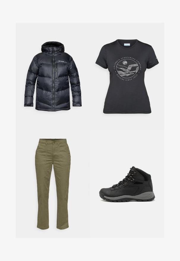 Svart isolert pufferjakke med hette, med glidelås foran, lett materiale og kviltet design med horisontale seksjoner.; Svart Columbia t-skjorte med hvit sirkulær fjell- og elvlinjekunst og tekst "Columbia Sportswear Company Outside Since 1938."; Oliven grønne bomullsbukser med rett ben-design, med en frontknapp lukking, to sidelommer og forsterkede sømmer.; Sorte turstøvler med mid-topp design, som har en teksturert overdel, grå detaljer og slitesterk gummisåle med godt grep.
