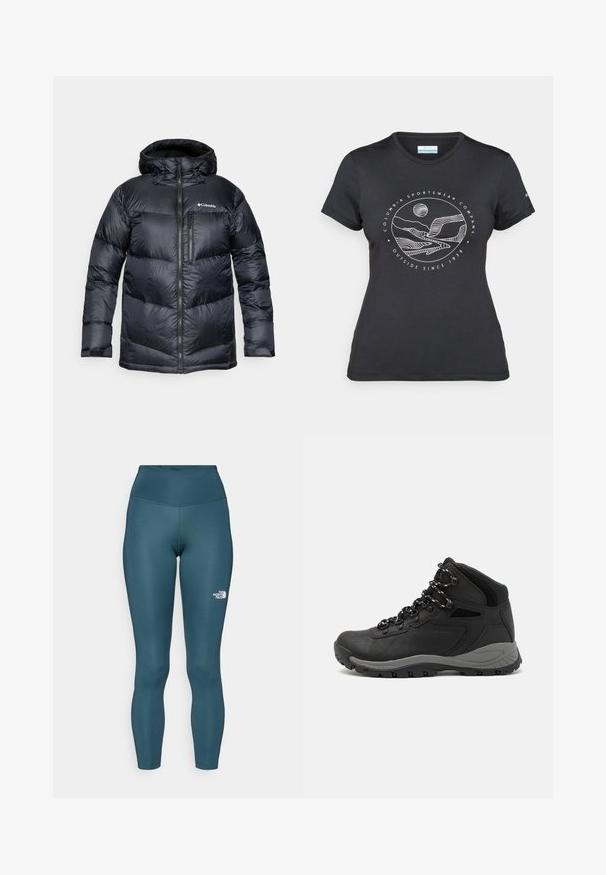 Black insulated puffer jacket with a hood, featuring a zip front, lightweight material, and quilted design with horizontal sections.; Black Columbia t-shirt with white circular mountain and river line art and text "Columbia Sportswear Company Outside Since 1938."; Teal high-waisted leggings made of stretchy fabric. Features a small white logo on the left side and stitched detailing along the seams.; Black hiking boot with a mid-top design, featuring a textured upper, gray accents, and durable rubber sole with traction lugs.