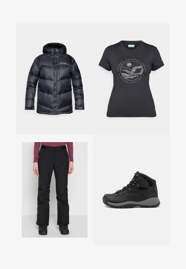 Zwarte geïsoleerde donsjas met capuchon, met een ritssluiting aan de voorkant, van lichtgewicht materiaal en een gestikt ontwerp met horizontale secties.; Zwarte Columbia t-shirt met witte cirkelvormige lijntekening van bergen en een rivier en de tekst "Columbia Sportswear Company Outside Since 1938."; Zwarte sneeuwbroek met waterdicht ontwerp, voorzien van rechte pijpen, verstelbare tailleband en ritszakken aan de zijkant. Mesh accenten bij de manchetten.; Zwarte wandelschoen met een mid-top ontwerp, voorzien van een gestructureerde bovenkant, grijze accenten en een duurzame rubberen zool met gripnoppen.