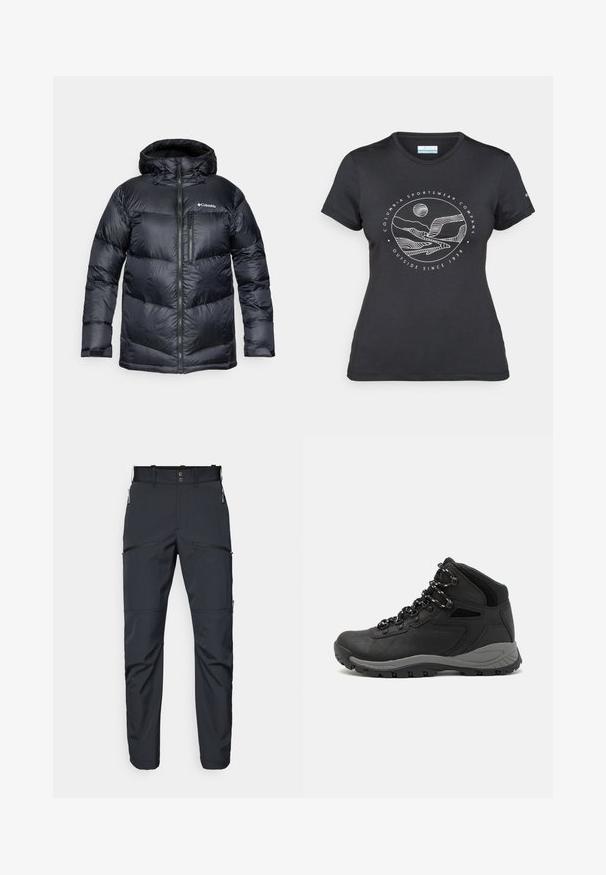 Svart isolert pufferjakke med hette, med glidelås foran, lett materiale og kviltet design med horisontale seksjoner.; Svart Columbia t-skjorte med hvit sirkulær fjell- og elvlinjekunst og tekst "Columbia Sportswear Company Outside Since 1938."; Mørkegrå bukser laget av et lett og glatt stoff. Funksjoner inkluderer glidelåslommer og flat frontdesign med beltesløyfer.; Sorte turstøvler med mid-topp design, som har en teksturert overdel, grå detaljer og slitesterk gummisåle med godt grep.