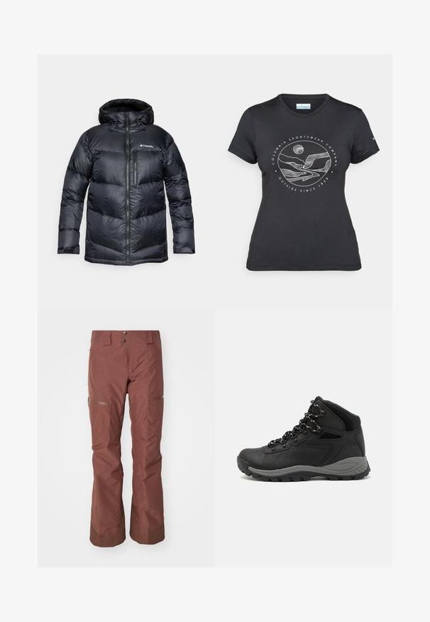 Czarna, ocieplana kurtka puchowa z kapturem, posiadająca zamek z przodu, lekkie materiały oraz pikowany wzór z poziomymi sekcjami.; Czarny t-shirt Columbia z białą okrągłą grafiką gór i rzeki oraz napisem "Columbia Sportswear Company Outside Since 1938."; Brązowe wodoodporne spodnie narciarskie o luźnym kroju, z zamkami błyskawicznymi w kieszeniach i teksturowanymi mankietami. Charakteryzują się gładką powierzchnią i trwałym materiałem.; Czarne buty trekkingowe z średnim cholewem, z teksturowaną cholewą, szarymi akcentami oraz trwałą gumową podeszwą z wypustkami zapewniającymi przyczepność.