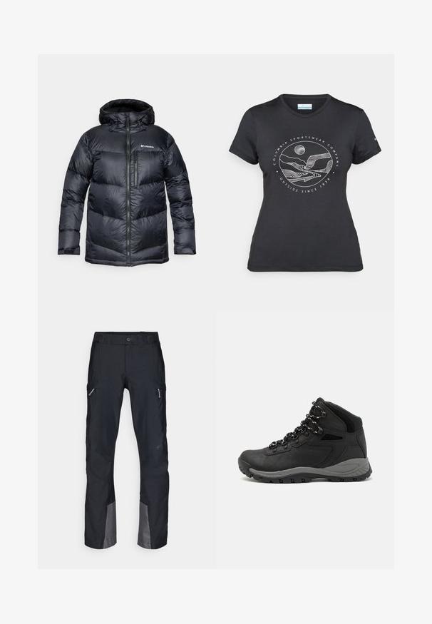 Black insulated puffer jacket with a hood, featuring a zip front, lightweight material, and quilted design with horizontal sections.; Black Columbia t-shirt with white circular mountain and river line art and text "Columbia Sportswear Company Outside Since 1938."; Black cargo pants made of durable fabric, featuring side pockets, reinforced knees, and grey accents at the hem. Designed for outdoor use.; Black hiking boot with a mid-top design, featuring a textured upper, gray accents, and durable rubber sole with traction lugs.