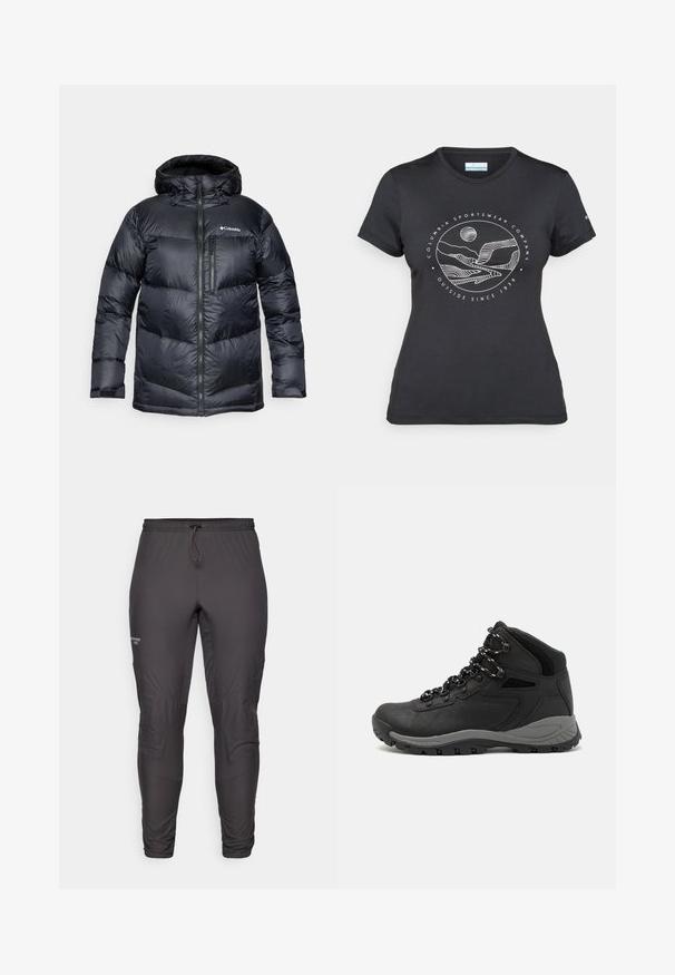 Crna izolirana puffer jakna s kapuljačom, s prednjim zatvaračem, laganim materijalom i ušivenim dizajnom s horizontalnim segmentima.; Crna Columbia majica s bijelim kružnim crtežom planine i rijeke te natpisom "Columbia Sportswear Company Outside Since 1938."; Crne sportske hlače s elastičnim pojasom, vrpcom za stezanje i panelima na koljenima za fleksibilnost; glatka tekstura, bez vidljivih uzoraka ili akcenta.; Crne planinarske čizme s dizajnom srednjeg vrha, sa teksturiranim gornjim dijelom, sivim akcentima i izdržljivom gumom potplatom s uzorkom za prianjanje.