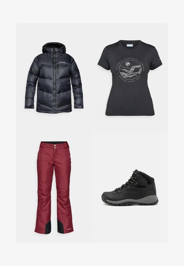 Giacca a vento nera isolata con cappuccio, dotata di zip frontale, materiale leggero e design trapuntato con sezioni orizzontali.; Maglietta nera Columbia con arte lineare bianca di una montagna circolare e un fiume, e il testo "Columbia Sportswear Company Outside Since 1938."; Pantaloni da sci impermeabili rossi con vestibilità dritta, due tasche frontali, ventile laterali con zip e dettagli neri ai polsini. Vita regolabile.; Stivale da trekking nero con design a metà altezza, dotato di una tomaia texturizzata, accenti grigi e suola in gomma resistente con tasselli per la trazione.