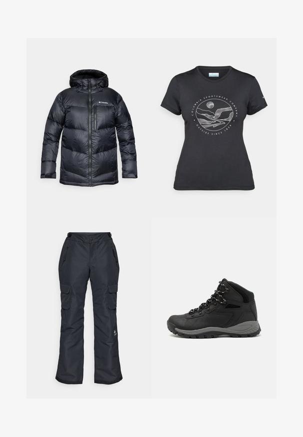 Black insulated puffer jacket with a hood, featuring a zip front, lightweight material, and quilted design with horizontal sections.; Black Columbia t-shirt with white circular mountain and river line art and text "Columbia Sportswear Company Outside Since 1938."; Black snow pants with a relaxed fit, featuring zippered pockets, cargo pockets on the thighs, and a textured surface for durability.; Black hiking boot with a mid-top design, featuring a textured upper, gray accents, and durable rubber sole with traction lugs.