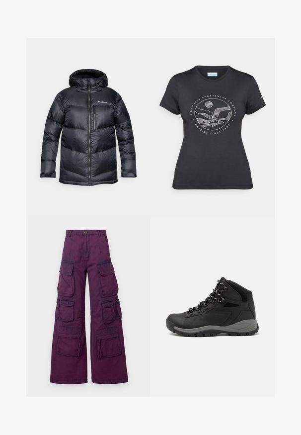 Black insulated puffer jacket with a hood, featuring a zip front, lightweight material, and quilted design with horizontal sections.; Black Columbia t-shirt with white circular mountain and river line art and text "Columbia Sportswear Company Outside Since 1938."; Purple cargo pants with wide legs, featuring multiple front and side pockets, contrasting stitching, and a button closure at the waist.; Black hiking boot with a mid-top design, featuring a textured upper, gray accents, and durable rubber sole with traction lugs.