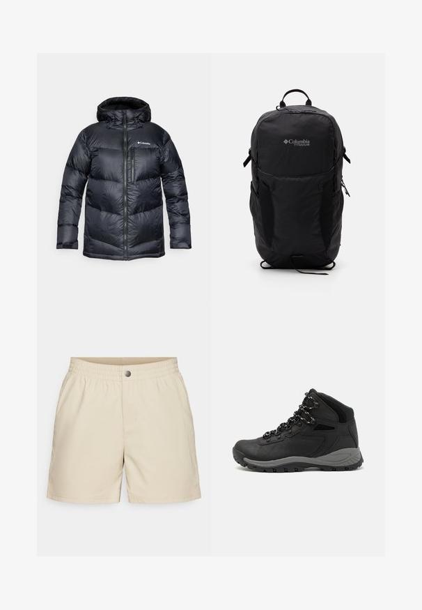 Schwarz isolierte Steppjacke mit Kapuze, verfügt über einen Reißverschluss vorne, leichtes Material und ein gestepptes Design mit horizontalen Abschnitten.; Schwarzes Columbia-T-Shirt mit weißer kreisförmiger Berg- und Fluss-Linienkunst und dem Text "Columbia Sportswear Company - Draußen seit 1938."; Beige Shorts aus leichtem Stoff, mit elastischem Bund, Fronttaschen und einem einzelnen Druckknopfverschluss, mit glatter Textur.; Schwarzer Wanderstiefel mit einem mittelhohen Design, ausgestattet mit einer strukturierten Oberfläche, grauen Akzenten und einer robusten Gummisohle mit Profilstollen.; Schwarzer Columbia Titanium Rucksack mit glatter Stofftextur, Seitentaschen, Oberhandgriff und verstellbaren Trägern. Minimalistisches Design mit dezentem Branding.