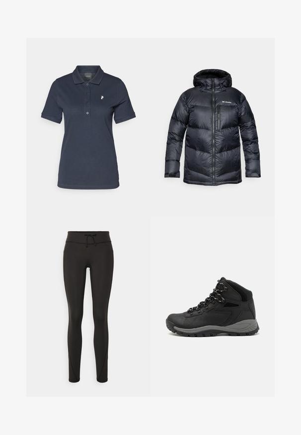 Čierna zateplená puffer bunda s kapucňou, so zipsom vpredu, vyrobená z ľahkého materiálu, s prešívaným dizajnom a horizontálnymi sekciami.; Námornícky modrá polokošeľa vyrobená z bavlny, s klasickým golierom, trojicou gombíkov a malým bielym logom na ľavej hrudi.; Čierne legíny s vysokým pásom, so šnúrkou na stiahnutie, hladkou textúrou a priliehavým strihom. Obsahujú švy po stranách.; Čierna turistická obuv s polovičným strihom, s textúrovaným zvrškom, šedými akcentmi a odolnou gumovou podrážkou s protišmykovými hrebienkami.