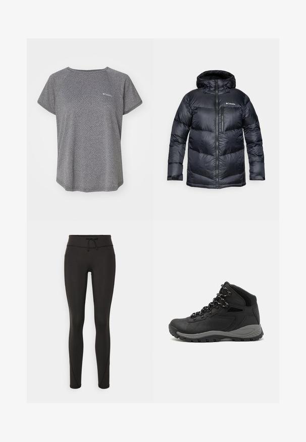 Melnā izolētā pūkaina jaka ar kapuci, ar rāvējslēdzēju priekšā, viegla materiāla, ar kviltētā dizaina horizontālām sekcijām.; Pelēka īsām piedurknēm krekls ar smalku teksturētu rakstu, apļveida kakla izgriezumu un Columbia logo uz krūtīm. Mīksta auduma, brīvā piegriezumā.; Melnas legingi ar augstu jostasvietu, pievilkšanas auklu, gludu tekstūru un pieguļošu dizainu. Iekļautas šuvju detaļas gar sāniem.; Melni pārgājienu zābaki ar vidēju augstumu, ar teksturētu augšdaļu, pelēkiem akcentiem un izturīgu gumijas zoli ar saķeres izvirzījumiem.