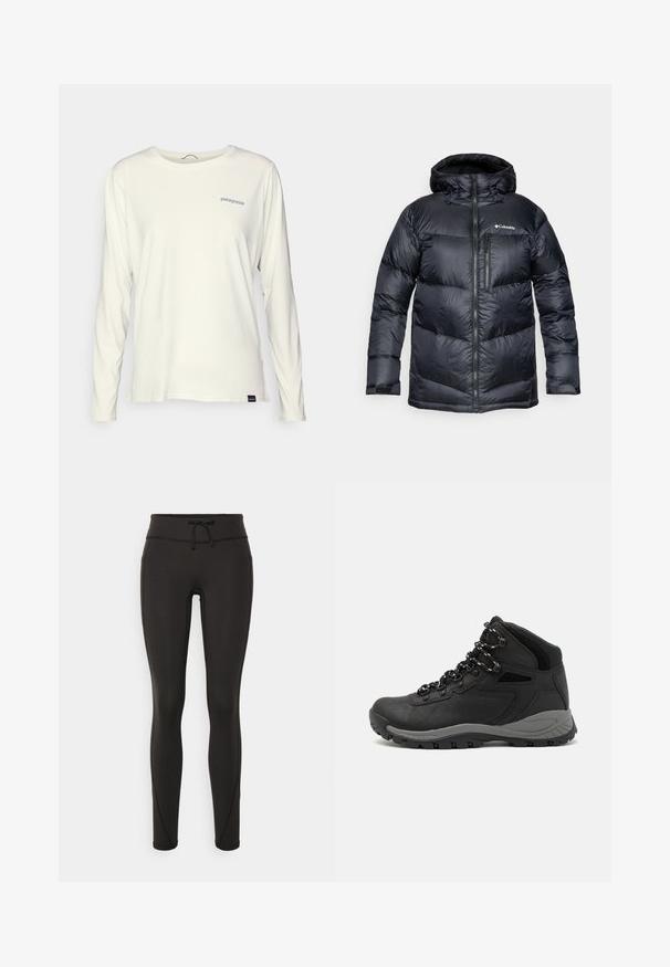 Juodas izoliuotas pūkinis džemperis su kapišonu, su užtrauktuku priekyje, lengvos medžiagos, siuvinėtas dizainas su horizontaliais skyrių.; Ilgų rankovių, apvalia iškirpte marškinėliai iš off-white medvilnės. Savybės: mėlynas Patagonia logotipas kairėje krūtinės pusėje ir pritaikytas siluetas.; Juodi leggingai su aukšta juosmeniu, raišteliu, lygiu paviršiumi ir prigludusia forma. Yra siuvimo detalės šonuose.; Juodas žygio botas su vidutinio aukščio dizainu, pasižymintis tekstūruota viršutine dalimi, pilkų akcentų ir patvaria guma padanga su sukibimo gumbais.