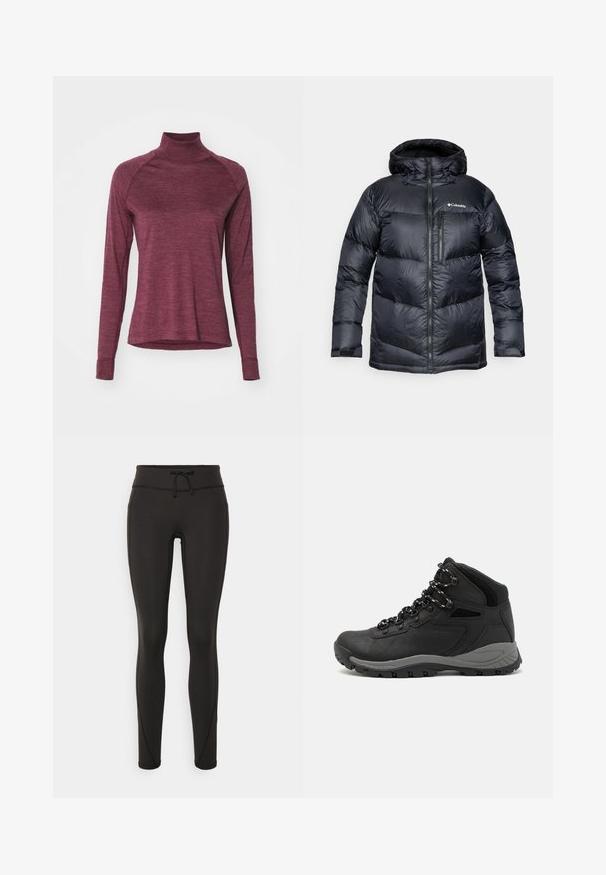 Črna izolirana puf jakna s kapuco, z zadrgo spredaj, lahkim materialom in prešito zasnovo s horizontalnimi odseki.; Burgundijska dolga majica s turtleneck ovratnikom in raglan rokavi z mehko teksturo. Ima okrogel rob in prilagojene manšete.; Črne legice z visokim pasom, vrvico za zavezovanje, gladko teksturo in prilegajoč dizajn. Imajo šivane detajle ob straneh.; Črne pohodniške čevlje z srednje visokim dizajnom, ki imajo teksturirano zgornji del, sivi dodatki in vzdržljiv gumen podplat s protizdrsnimi izboklinami.