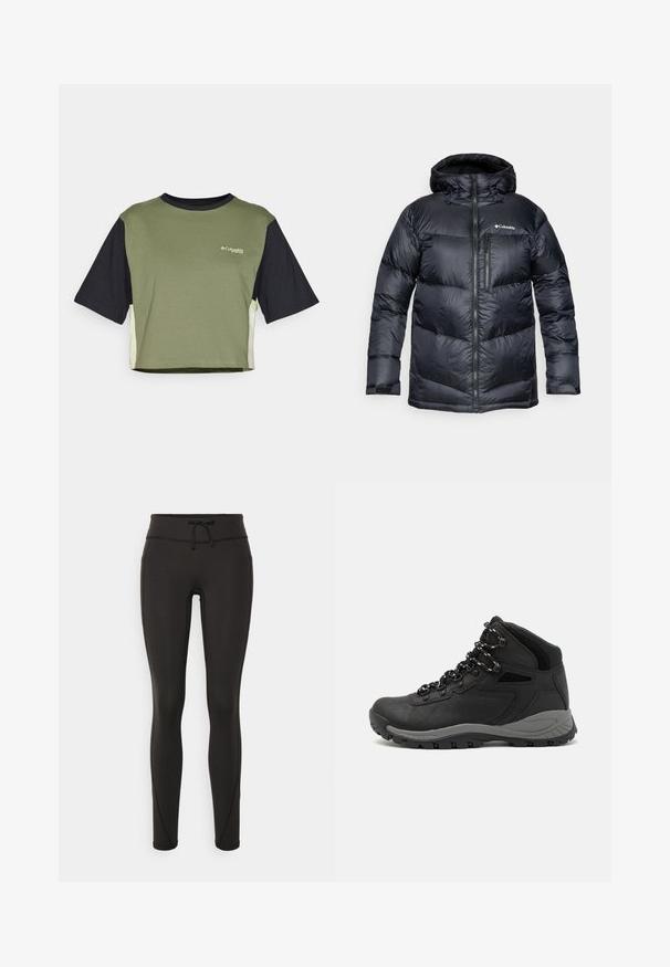 Mustad musta isoleeritud puffjakki kapuutsiga, millel on ees lukuga kinnitamine, kerge materjal ja tikitud disain horisontaalsete sektsioonidega.; Lühikeste varrukatega lühikese lõikega t-särk, mille eesmine osa on roheline, varrukad mustad ja külgpaneelid kontrastsed. Rinnal on logo.; Mustad kõrge vöökohtadega mustad retuusid, paelaga, sileda tekstuuri ja sobiva disainiga. Külgedel on õmblusdetailid.; Mustarjaline matkasaabas, millel on keskmine disain, tekstuuriga ülemine osa, hallid aktsendid ja vastupidav kummist põhi, millel on haardelugesid.