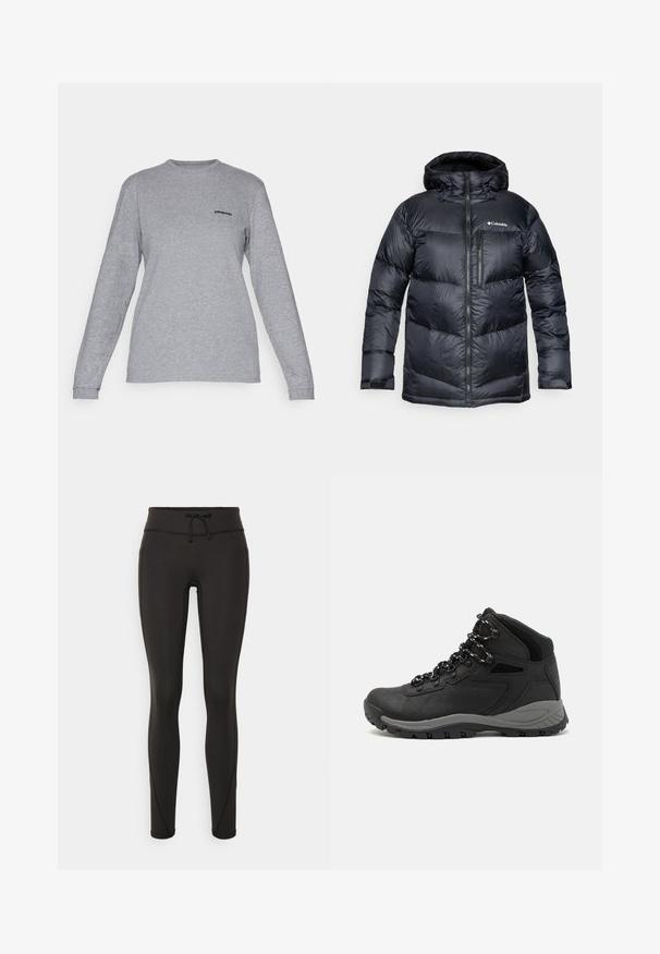 Svart isolert pufferjakke med hette, med glidelås foran, lett materiale og kviltet design med horisontale seksjoner.; Patagonia LOGO RESPONSIBILI-TEE - Topper langermet - gravel heather; Svarte leggings med høy midje, snøring, glatt tekstur og tettsittende design. Har søm detaljer langs sidene.; Sorte turstøvler med mid-topp design, som har en teksturert overdel, grå detaljer og slitesterk gummisåle med godt grep.