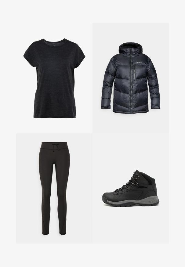 Sort isoleret pufferjakke med hætte, med lynlås foran, letvægtsmateriale og quiltet design med horisontale sektioner.; Mørkegrå kortærmet T-shirt med rund halsudskæring og en afslappet pasform. Stoffet har et blødt, tekstureret udseende.; Sorte leggings med høj talje, snøre, glat tekstur og tætsiddende design. Har syningsdetaljer langs siderne.; Sort vandrestøvle med en mellem-højde design, der har en tekstureret overdel, grå detaljer og en holdbar gummisål med skridsikre klodser.