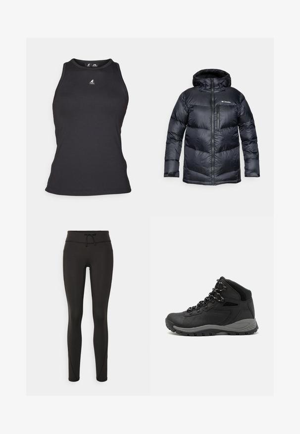 Crna izolirana puffer jakna s kapuljačom, s prednjim zatvaračem, laganim materijalom i ušivenim dizajnom s horizontalnim segmentima.; Crni rebrasti majica bez rukava s visokim ovratnikom. Ima mali logo na prsima i uski siluetu.; Crne tajice s visokim strukom, uzicom, glatkom teksturom i uskim dizajnom. Imaju šavove duž bokova.; Crne planinarske čizme s dizajnom srednjeg vrha, sa teksturiranim gornjim dijelom, sivim akcentima i izdržljivom gumom potplatom s uzorkom za prianjanje.