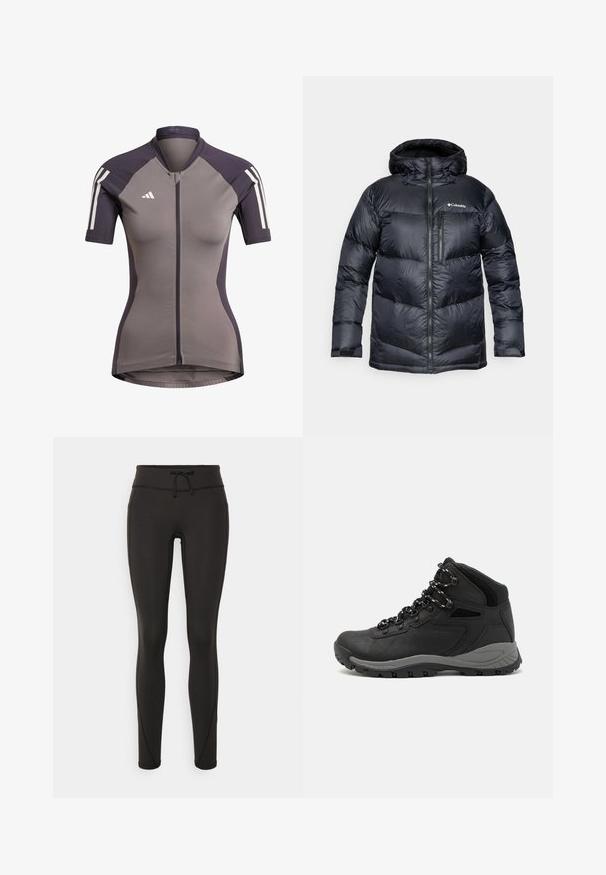 Black insulated puffer jacket with a hood, featuring a zip front, lightweight material, and quilted design with horizontal sections.; Short-sleeve cycling jersey in gray with dark purple accents, front zip closure, and white stripes on shoulders. Made of stretchy fabric.; Black leggings with a high waistband, drawstring, smooth texture, and fitted design. Features stitching details along the sides.; Black hiking boot with a mid-top design, featuring a textured upper, gray accents, and durable rubber sole with traction lugs.