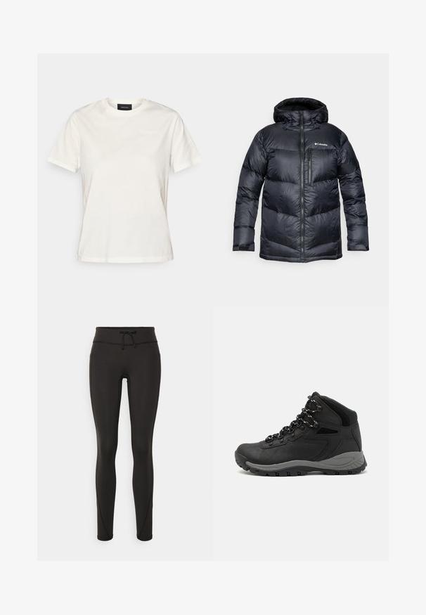 Melnā izolētā pūkaina jaka ar kapuci, ar rāvējslēdzēju priekšā, viegla materiāla, ar kviltētā dizaina horizontālām sekcijām.; Balta kokvilnas t-kreklā ar īsām piedurknēm, apaļu kakla izgriezumu un smalku logo detaļu priekšpusē. Mīksta tekstūra, brīvs piegriezums.; Melnas legingi ar augstu jostasvietu, pievilkšanas auklu, gludu tekstūru un pieguļošu dizainu. Iekļautas šuvju detaļas gar sāniem.; Melni pārgājienu zābaki ar vidēju augstumu, ar teksturētu augšdaļu, pelēkiem akcentiem un izturīgu gumijas zoli ar saķeres izvirzījumiem.