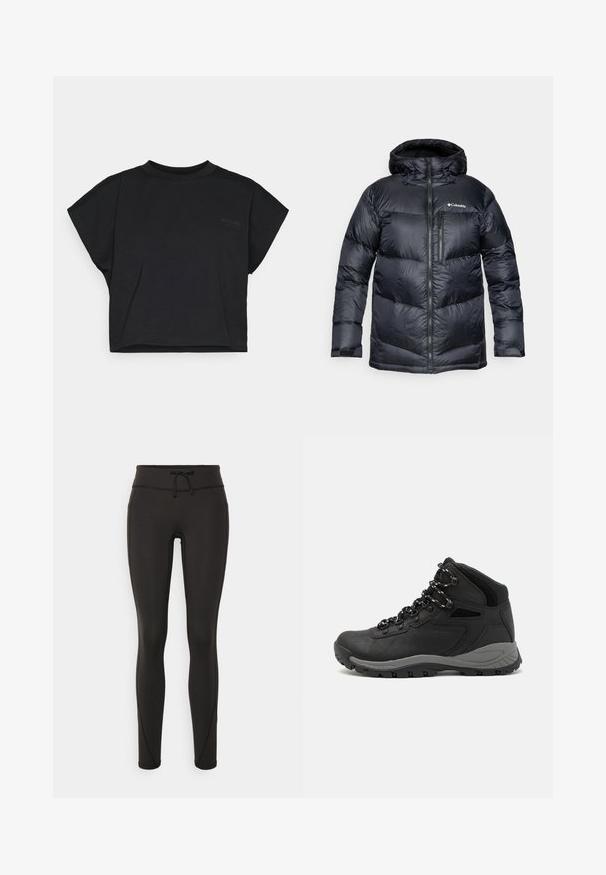 Svart isolert pufferjakke med hette, med glidelås foran, lett materiale og kviltet design med horisontale seksjoner.; Svart avkortet t-skjorte laget av myk bomull med korte ermer og rund hals. Har en subtil logo på forsiden.; Svarte leggings med høy midje, snøring, glatt tekstur og tettsittende design. Har søm detaljer langs sidene.; Sorte turstøvler med mid-topp design, som har en teksturert overdel, grå detaljer og slitesterk gummisåle med godt grep.