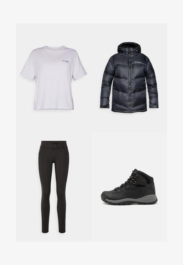 Svart isolert pufferjakke med hette, med glidelås foran, lett materiale og kviltet design med horisontale seksjoner.; Lys grå kortermet t-skjorte laget av mykt stoff. Har rund hals og en liten marineblå logo på venstre bryst. Avslappet passform.; Svarte leggings med høy midje, snøring, glatt tekstur og tettsittende design. Har søm detaljer langs sidene.; Sorte turstøvler med mid-topp design, som har en teksturert overdel, grå detaljer og slitesterk gummisåle med godt grep.