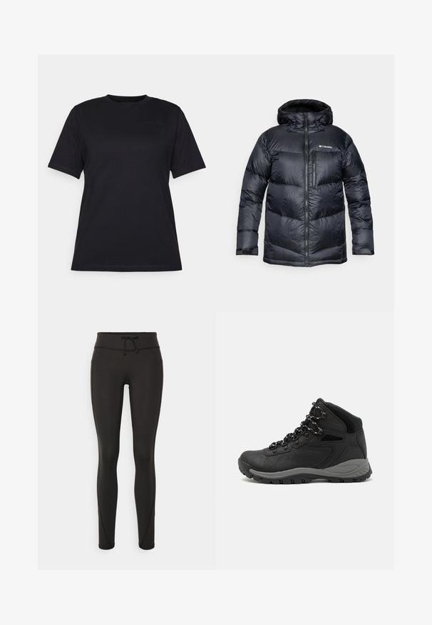 Mustad musta isoleeritud puffjakki kapuutsiga, millel on ees lukuga kinnitamine, kerge materjal ja tikitud disain horisontaalsete sektsioonidega.; Must suveklee t-särk, mis on valmistatud siledast puuvillast, omab ümmargust kaelust ja diskreetset reljeefset logo detaili vasakul küljel.; Mustad kõrge vöökohtadega mustad retuusid, paelaga, sileda tekstuuri ja sobiva disainiga. Külgedel on õmblusdetailid.; Mustarjaline matkasaabas, millel on keskmine disain, tekstuuriga ülemine osa, hallid aktsendid ja vastupidav kummist põhi, millel on haardelugesid.