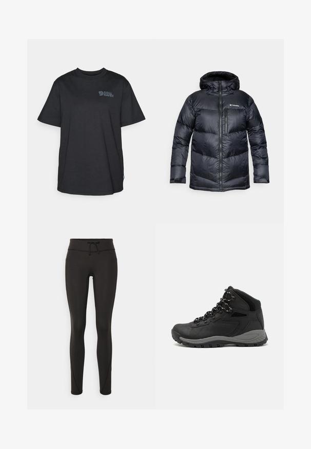 Casaco puffer isolado preto com capuz, apresentando um fecho de correr na frente, material leve e design acolchoado com secções horizontais.; T-shirt de algodão preto com mangas curtas e gola redonda, apresentando uma impressão de logo cinza no lado superior esquerdo e um pequeno detalhe da bandeira sueca.; Leggings pretos com uma cintura alta, cordão, textura suave e design ajustado. Apresentam detalhes de costura ao longo das laterais.; Bota de caminhada preta com design de cano médio, apresentando um upper texturizado, detalhes cinzentos e sola de borracha durável com cravos de tração.