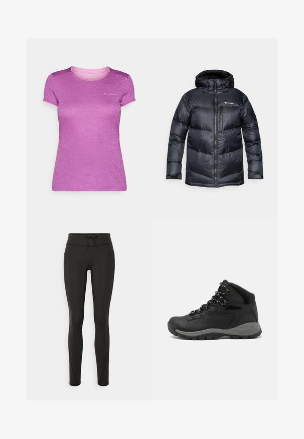 Μαύρο μπουφάν με επένδυση και κουκούλα, με φερμουάρ μπροστά, ελαφρύ υλικό και ραφές σε ριγέ σχέδιο.; Μπλουζάκι κοντό μανίκι σε μωβ χρώμα, φτιαγμένο από υφασμάτινη υφή, με στρογγυλή λαιμόκοψη και μικρό λευκό λογότυπο στο στήθος.; Μαύρα κολάν με ψηλή μέση, κορδόνι, λείες υφές και εφαρμοστό σχέδιο. Περιλαμβάνουν ραφές στα πλάγια.; Μαύρο ορειβατικό μποτάκι με μεσαίο ύψος, διαθέτει υφή στην επάνω επιφάνεια, γκρι λεπτομέρειες και ανθεκτική καουτσούκ σόλα με αυλάκια πρόσφυσης.