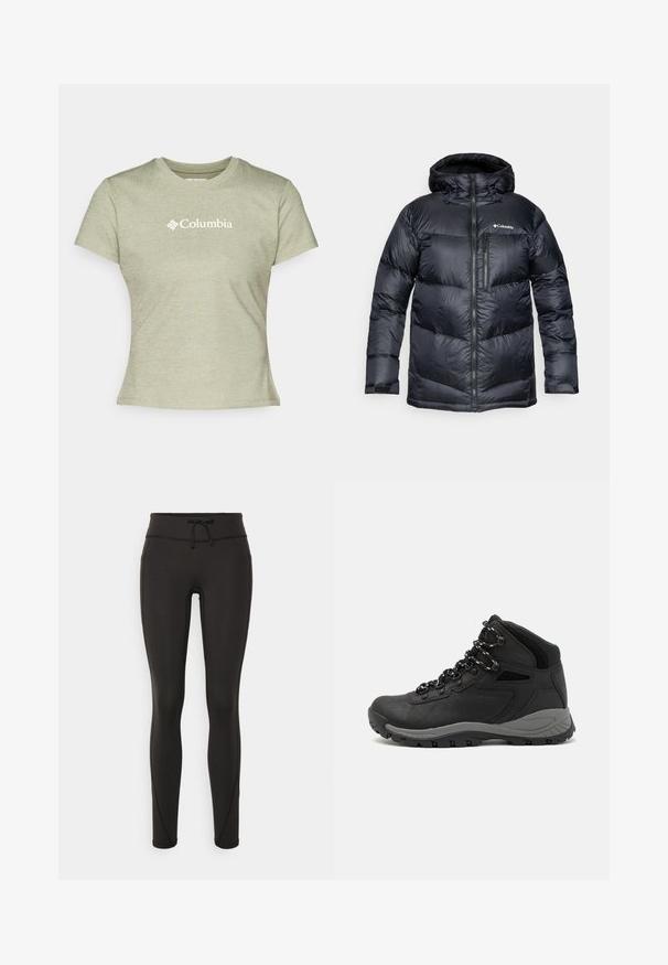 Black insulated puffer jacket with a hood, featuring a zip front, lightweight material, and quilted design with horizontal sections.; Light green short-sleeve t-shirt made of ribbed fabric, featuring a white "Columbia" logo on the front. Simple crew neckline.; Black leggings with a high waistband, drawstring, smooth texture, and fitted design. Features stitching details along the sides.; Black hiking boot with a mid-top design, featuring a textured upper, gray accents, and durable rubber sole with traction lugs.
