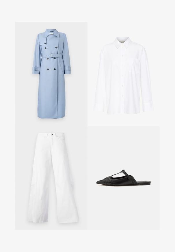 Long double-breasted light blue trench coat with black buttons, belt at waist, and collar, displayed on a white background.; White long-sleeve collared shirt made of cotton. Features a button-down front and a single chest pocket. Smooth texture, relaxed fit.; White wide-leg denim pants with a five-pocket design. Features a black button and zip fly closure. Smooth texture, straight silhouette.; Black leather slingback shoe with a pointed toe, featuring a woven accent and pleated upper design. Flat sole with minimal hardware.