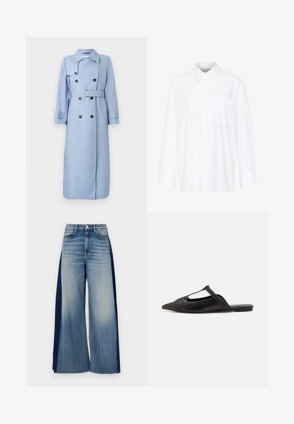 Długi, dwurzędowy, jasnoniebieski trencz z czarnymi guzikami, paskiem w talii i kołnierzem, zaprezentowany na białym tle.; Biała, długosleeve'owa koszula z kołnierzykiem, wykonana z bawełny. Posiada zapięcie na guziki z przodu oraz jedną kieszeń na piersi. Gładka tekstura, luźny krój.; Dżinsy typu wide-leg z dwukolorowym wzorem, jasnoniebieski przód i ciemnoniebieskie boczne panele, z klasycznym pasem w talii i zapięciem na guzik.; Czarny skórzany but na odkrytej pięcie z pointed toe, ozdobiony plecionym akcentem i plisowanym wzorem górnej części. Płaska podeszwa z minimalnymi elementami.
