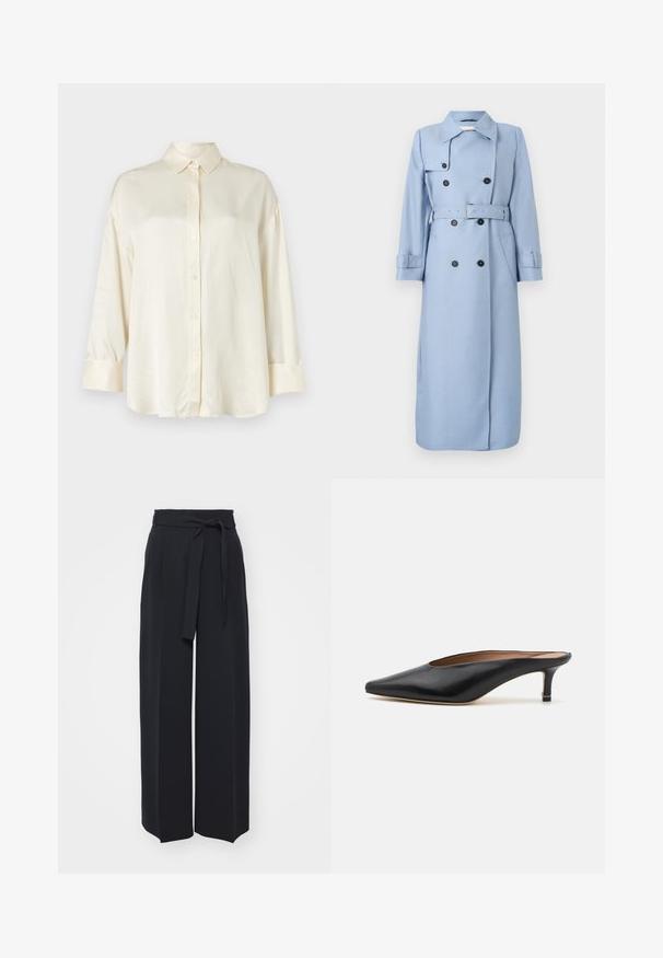 Lange lichtblauwe dubbelgeknoopte trenchcoat met zwarte knopen, riem op de taille en kraag, tentoongesteld op een witte achtergrond.; Crème-kleurig langemouwen shirt met knoopsluiting aan de voorkant, spitse kraag en manchetten van een gladde stof.; Zwarte wijde broek van zachte stof. Voorzien van een ceintuur en plooien aan de voorkant. Glad textuur met een strakke, hedendaagse stijl.; Zwarte leren muiltjes met een puntige neus en een lage, blokhak. Glad oppervlak met een gestroomlijnd ontwerp. Open achterkant met minimale details.