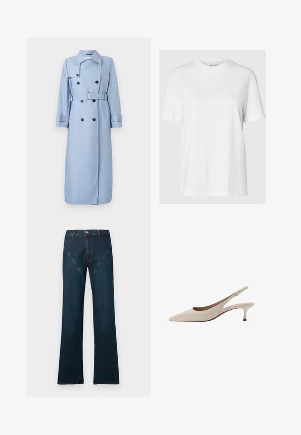 Dlouhý světle modrý trenčkot s dvojitým zapínáním, černými knoflíky, páskem v oblasti pasu a límcem, vystavený na bílém pozadí.; Bílá bavlněná tričko s krátkým rukávem a kulatým výstřihem. Má uvolněný střih a minimalistický design bez vzorů nebo akcentů.; Tmavě modré rozšířené džíny z denimu, s vysokým pasem, kontrastním šitím a jedinečným úhledným předním kapsovým designem.; Béžové lodičky na podpatku s špičatou špičkou a nízkým rozšířeným podpatkem. Vyrobené z hladké kůže s minimalistickým designem a nastavitelným páskem.