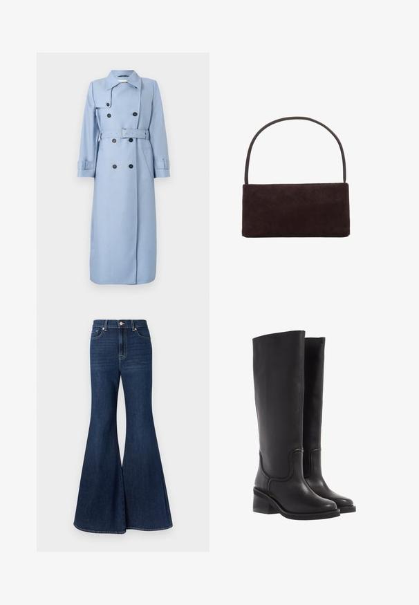 Lange lichtblauwe dubbelgeknoopte trenchcoat met zwarte knopen, riem op de taille en kraag, tentoongesteld op een witte achtergrond.; Marineblauwe t-shirt met korte mouwen en een ronde hals. Gemaakt van zachte stof, met een label "WEEKDAY" op de nek.; Donkerblauwe denim flared jeans met een hoge taille, voorzien van een knoopsluiting aan de voorkant en contrasterende stiksels langs de naden.; Zwarte leren kniehoge laarzen met een soepele textuur, ronde neus en een chunkyer heel. Heeft subtiele stiksels en een gestroomlijnd ontwerp.; Rechthoekige donkerbruine suède handtas met een slanke enkele handgreep, minimalistisch ontwerp en geen zichtbare versieringen.